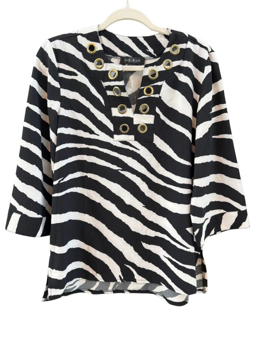 August Silk Zebra Print Gold Grommet Blouse Black Ivory Size Small